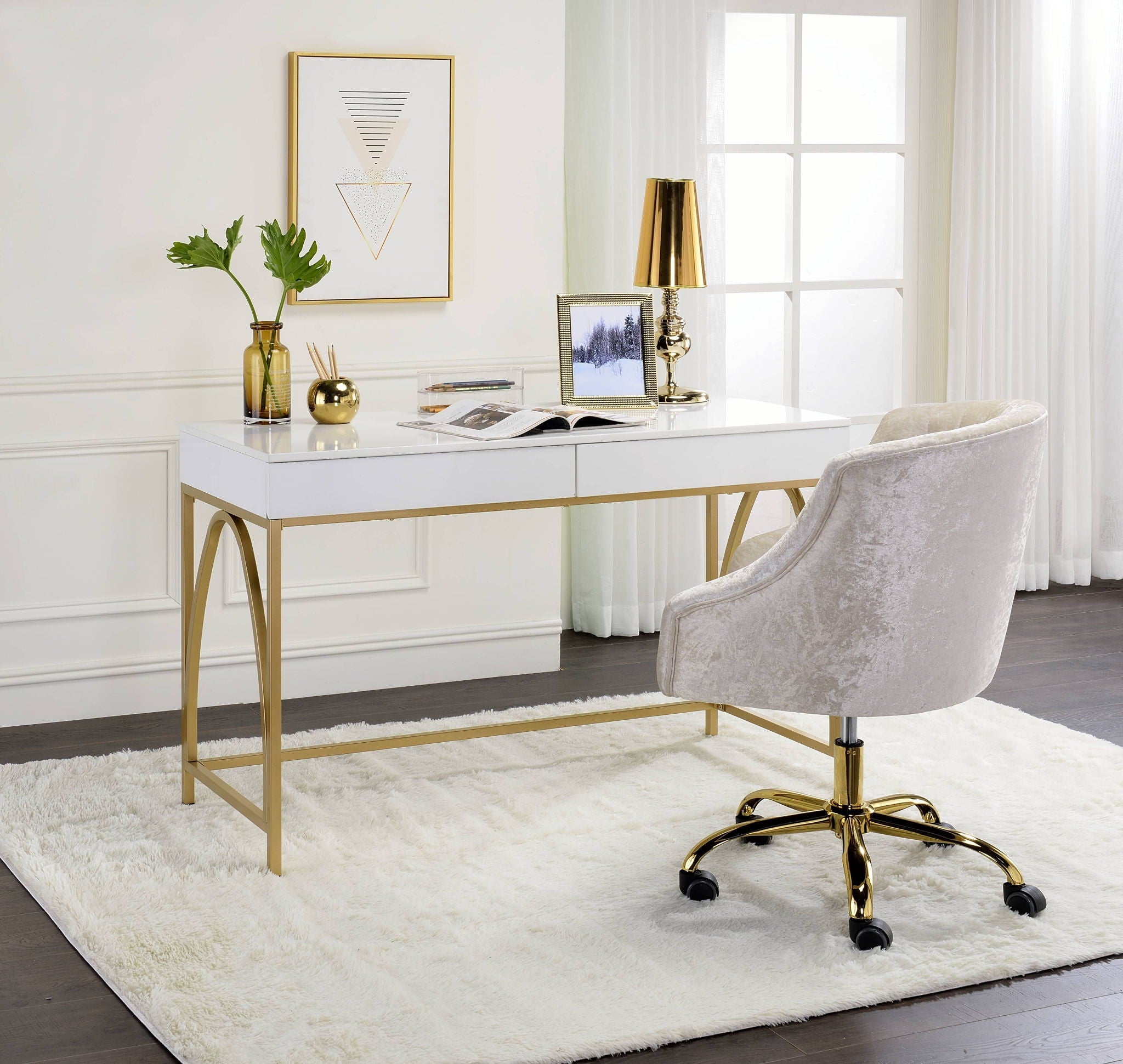 Lightmane - Vanity Desk (Same 92660) - White High Gloss & Gold