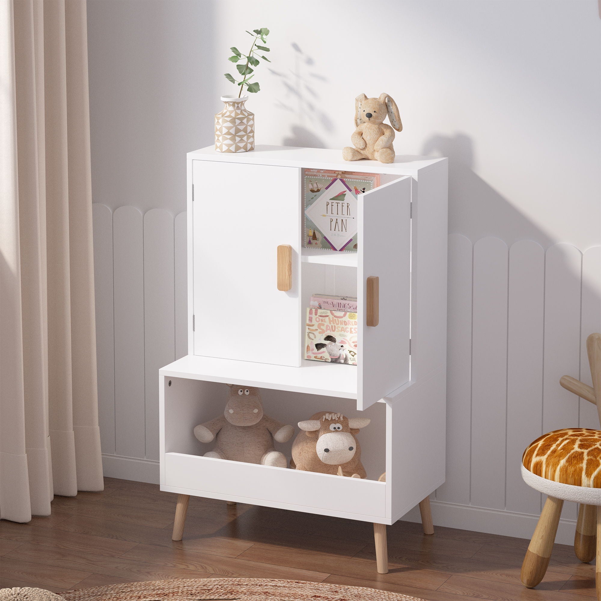 Toy Storage Cabinet With Doors And Open Shelf, Toddler Bookshelf For Playroom - White