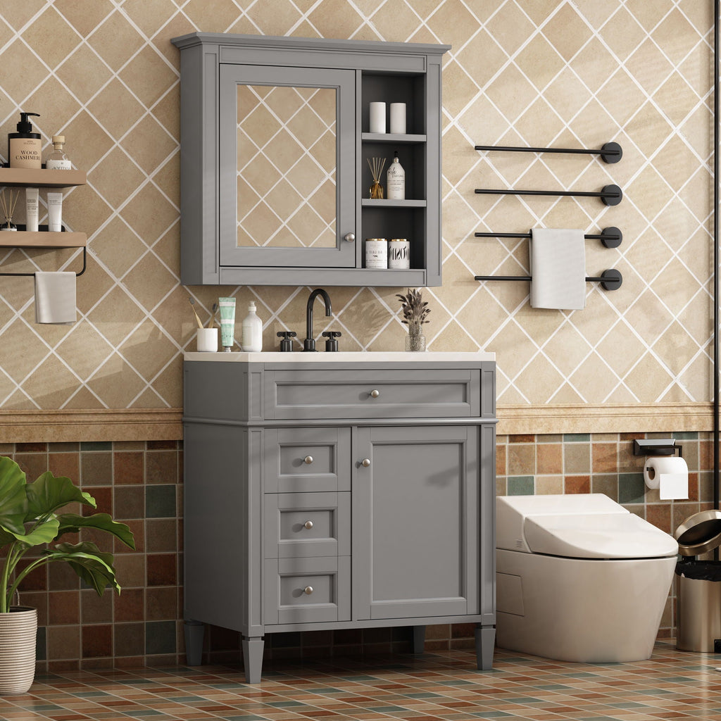 Bathroom Vanity With Medicine Cabinet, Royal Mirror Cabinet, Modern Bathroom Storage Cabinet With 2 Soft Closing Doors And 4 Drawers