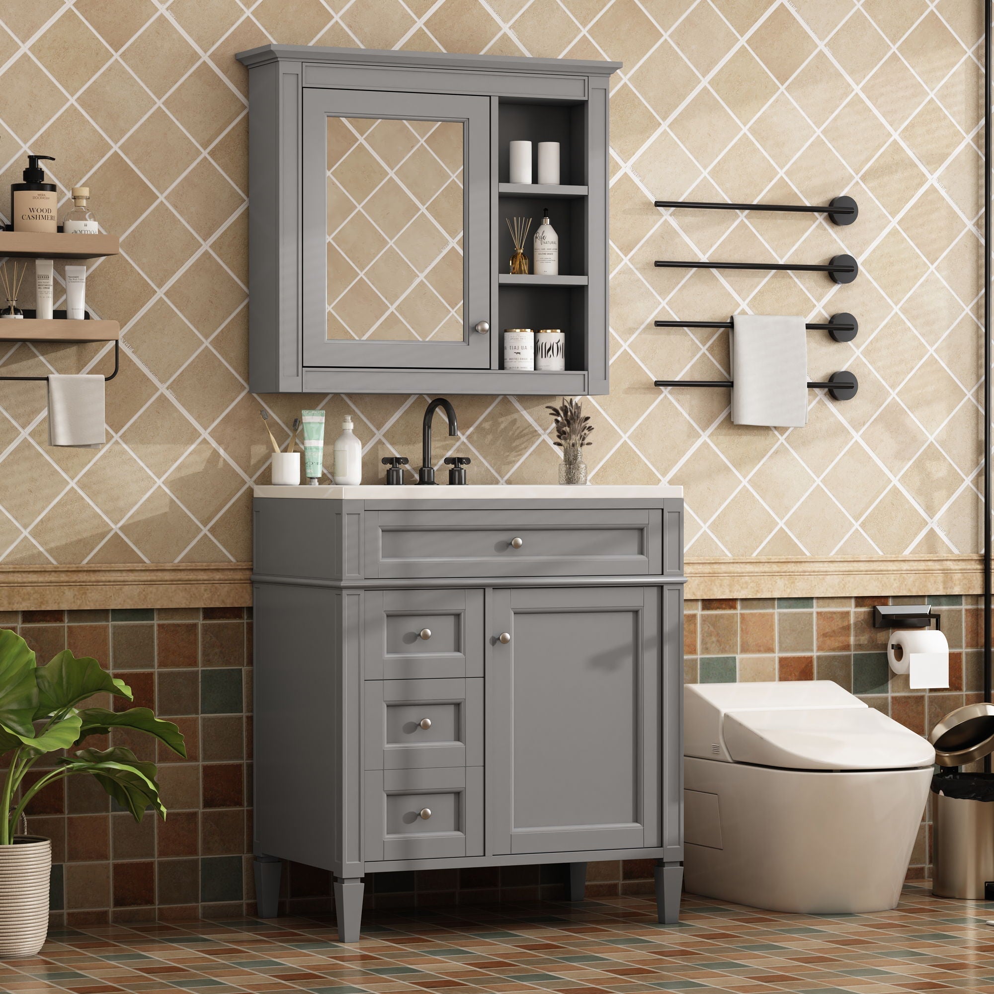 Bathroom Vanity With Medicine Cabinet, Royal Mirror Cabinet, Modern Bathroom Storage Cabinet With 2 Soft Closing Doors And 4 Drawers