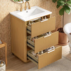 Bathroom Vanity With Sink, Open Shelf & Closed Storage - Natural Wood