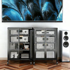 Media Storage Cabinet With Wheels, 4 Adjustable Glass Shelves & Door, Heavy-Duty - Black