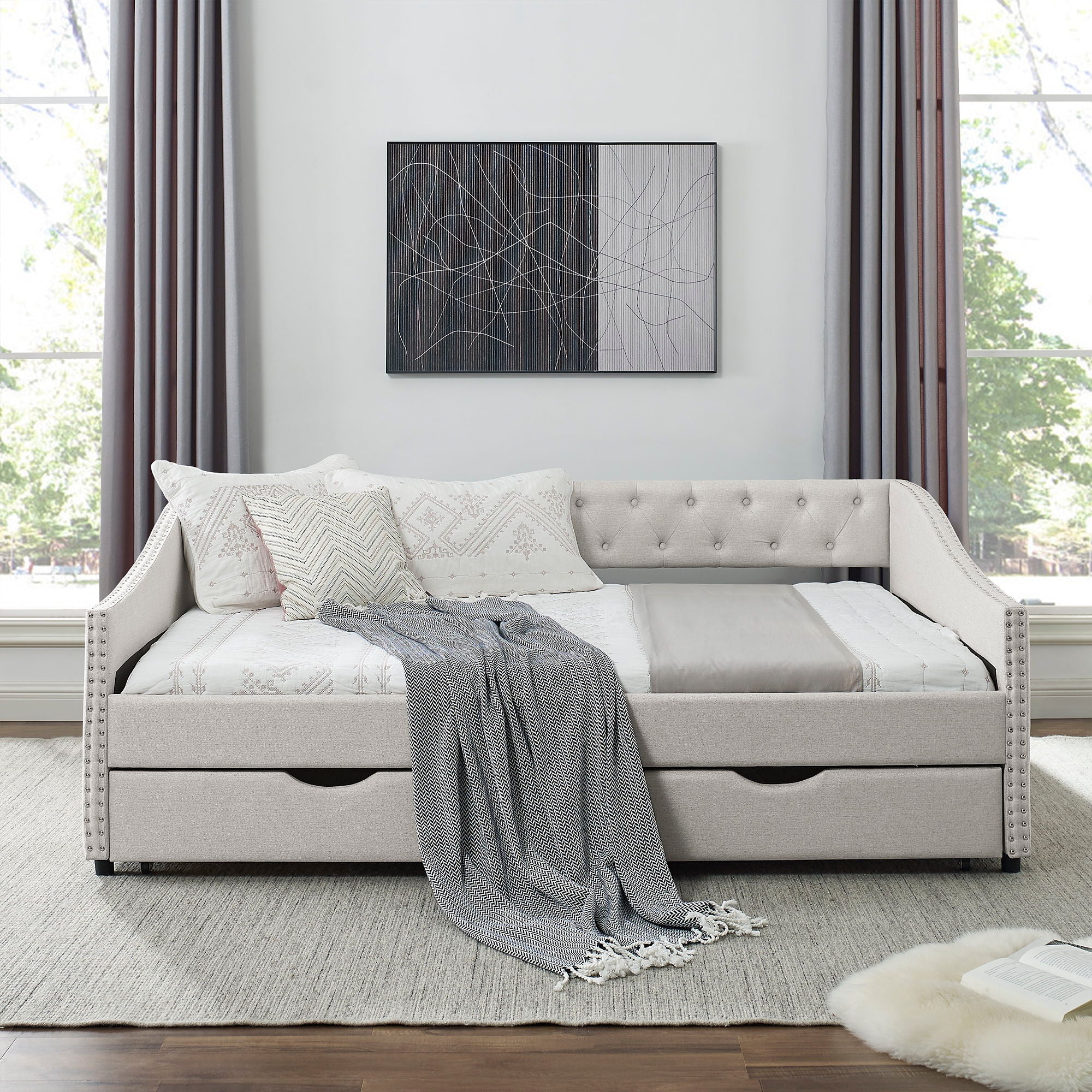 Upholstered Tufted Daybed With Drawers, Waved Arms