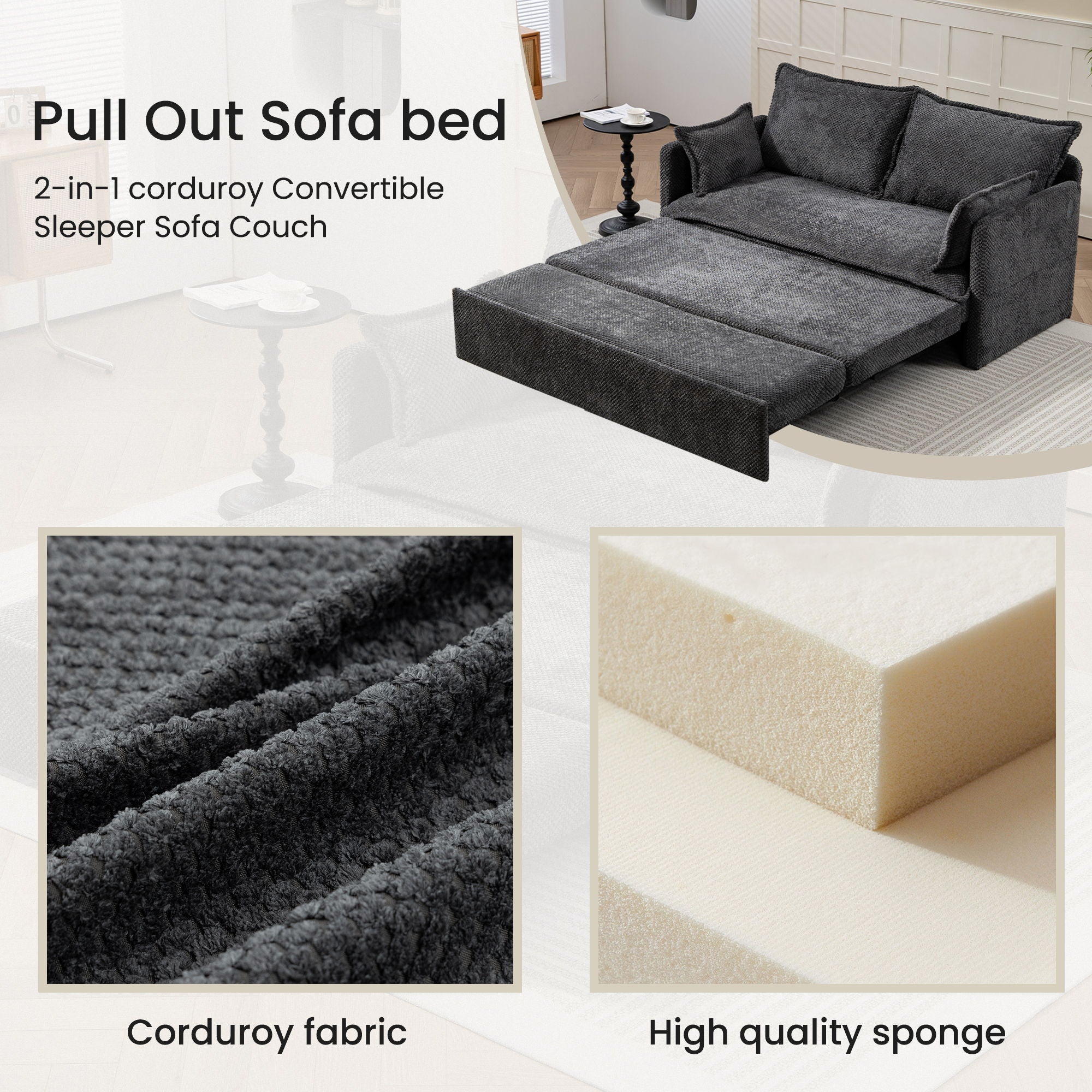 Pull Out Sofa Bed, Convertible Sleeper Sofa Couch, Side Storage, And USB / C - Type Charging Ports Chair