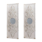 Large Wooden Wall Art Panels With Distressed Round Mirror Accents (Set of 2) - White