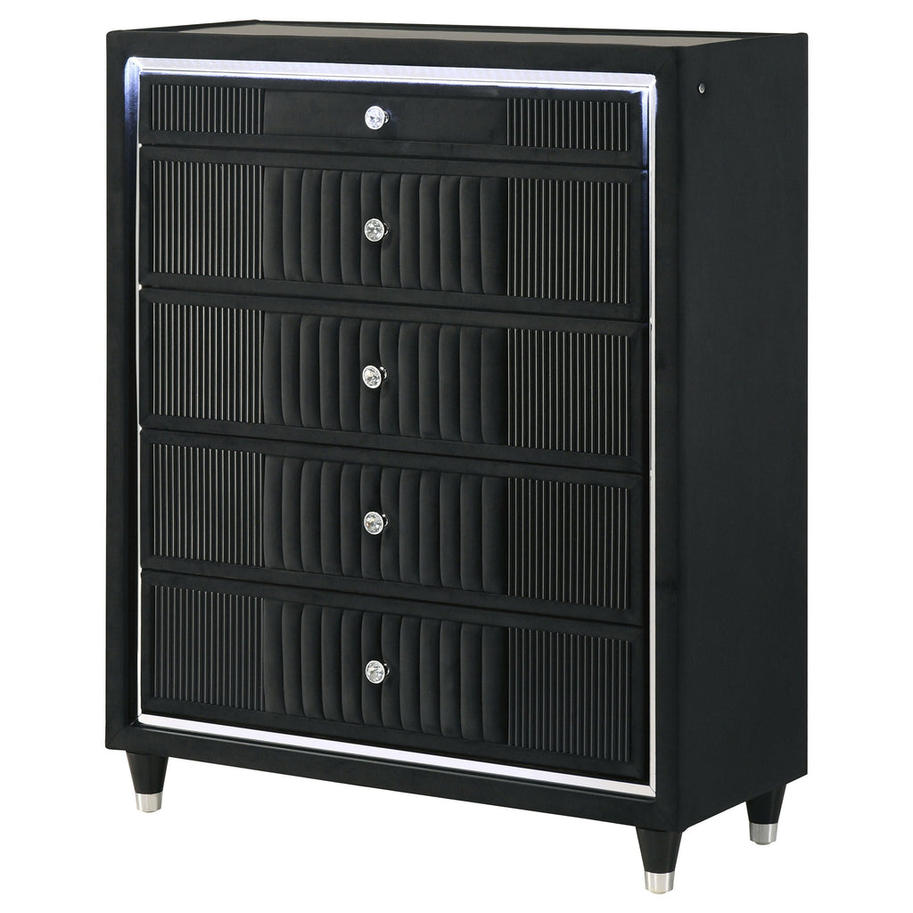 Ravenne 5-drawer Velvet Upholstered LED Chest of Drawers Black