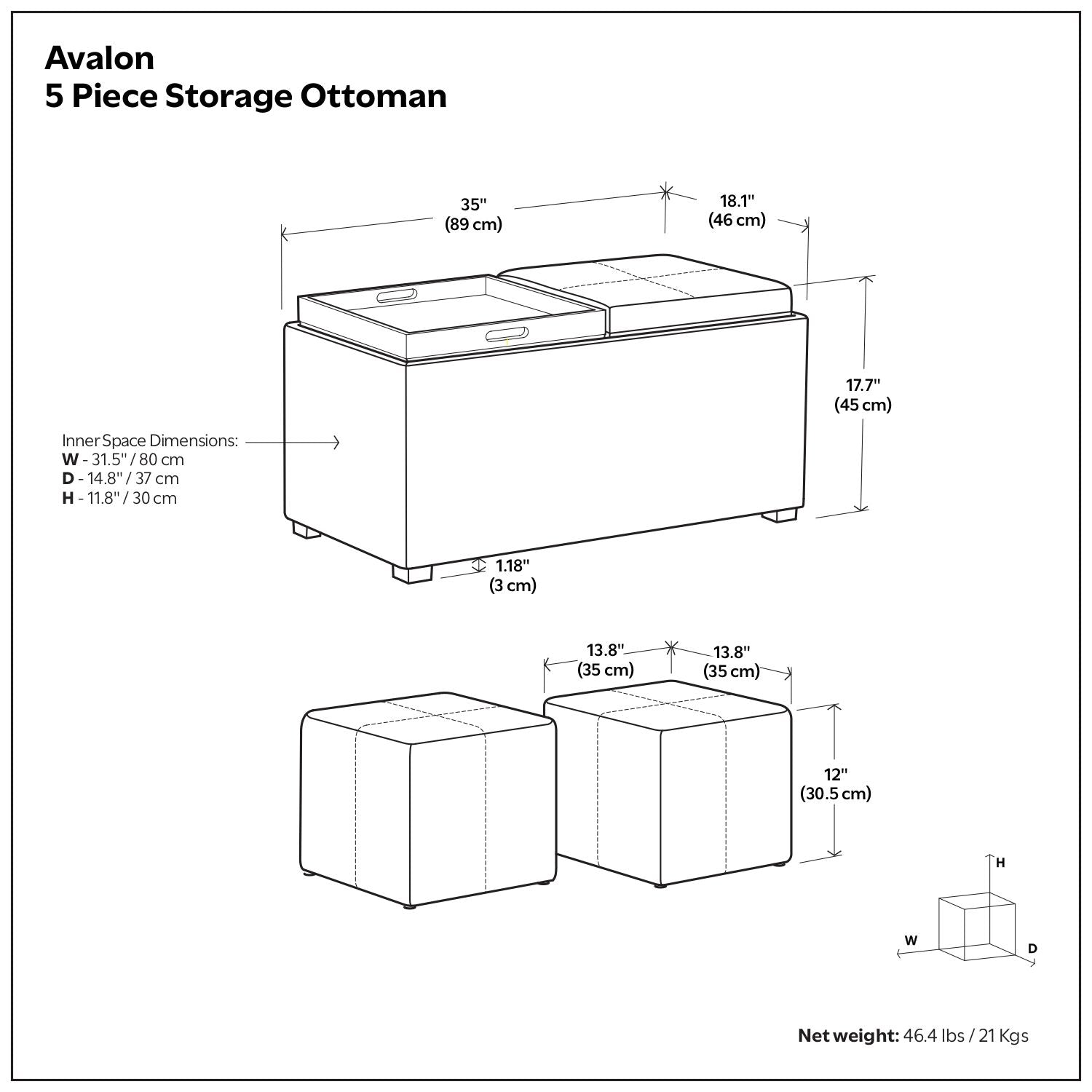 Avalon - 5 Piece Storage Ottoman, Contemporary