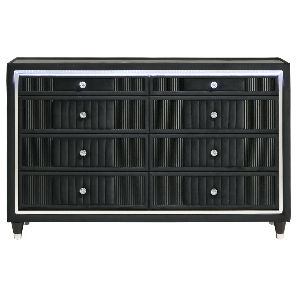 Ravenne 8-drawer Velvet Upholstered LED Dresser Cabinet Black