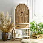 Arched Flower Carved Door Accent Sideboard Cabinet With 1 Drawer And Shelf, Cabinet For Kitchen - Natural / White