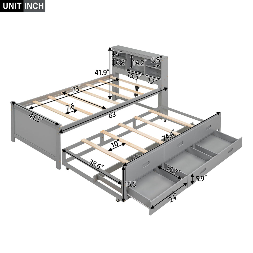 Platform Bed With Storage Headboard, USB, Trundle And 3 Drawers