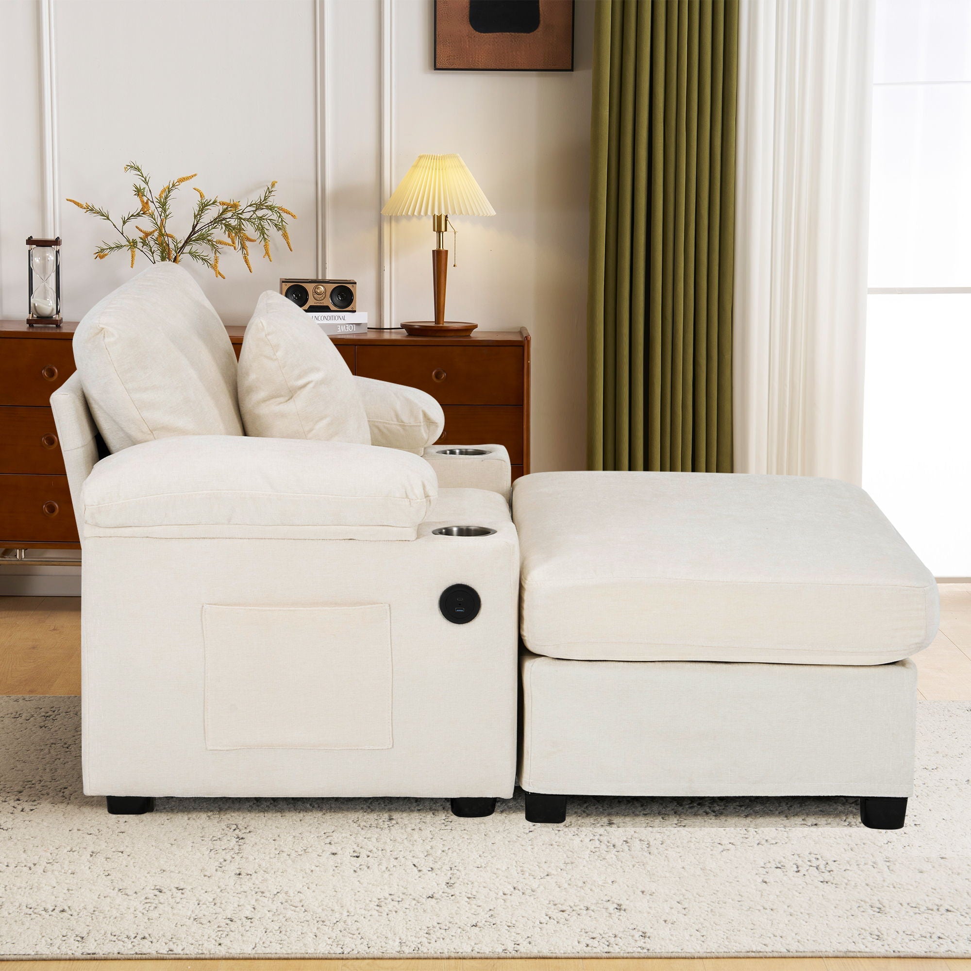 Fabric Sofa Bed With Cupholders And USB Charging Ports Chair For Living Room
