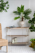 3 Tiered Wooden Shelving Unit With Ornate Iron Frame - Multicolor