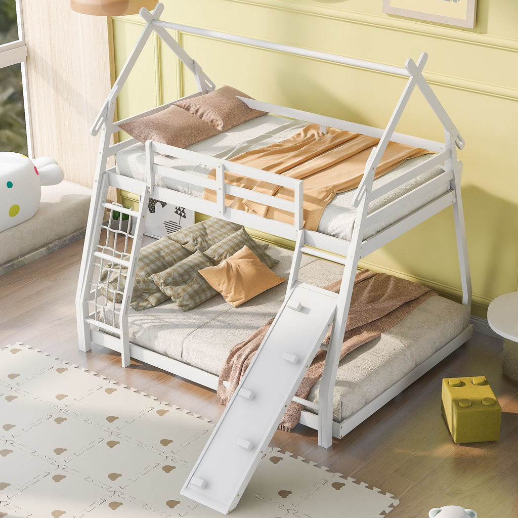 Georgiana - Twin Over Queen House Bunk Bed With Climbing Nets And Climbing Ramp
