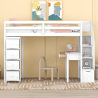 Loft Bed With Storage Drawers, Desk And Stairs With Shelves