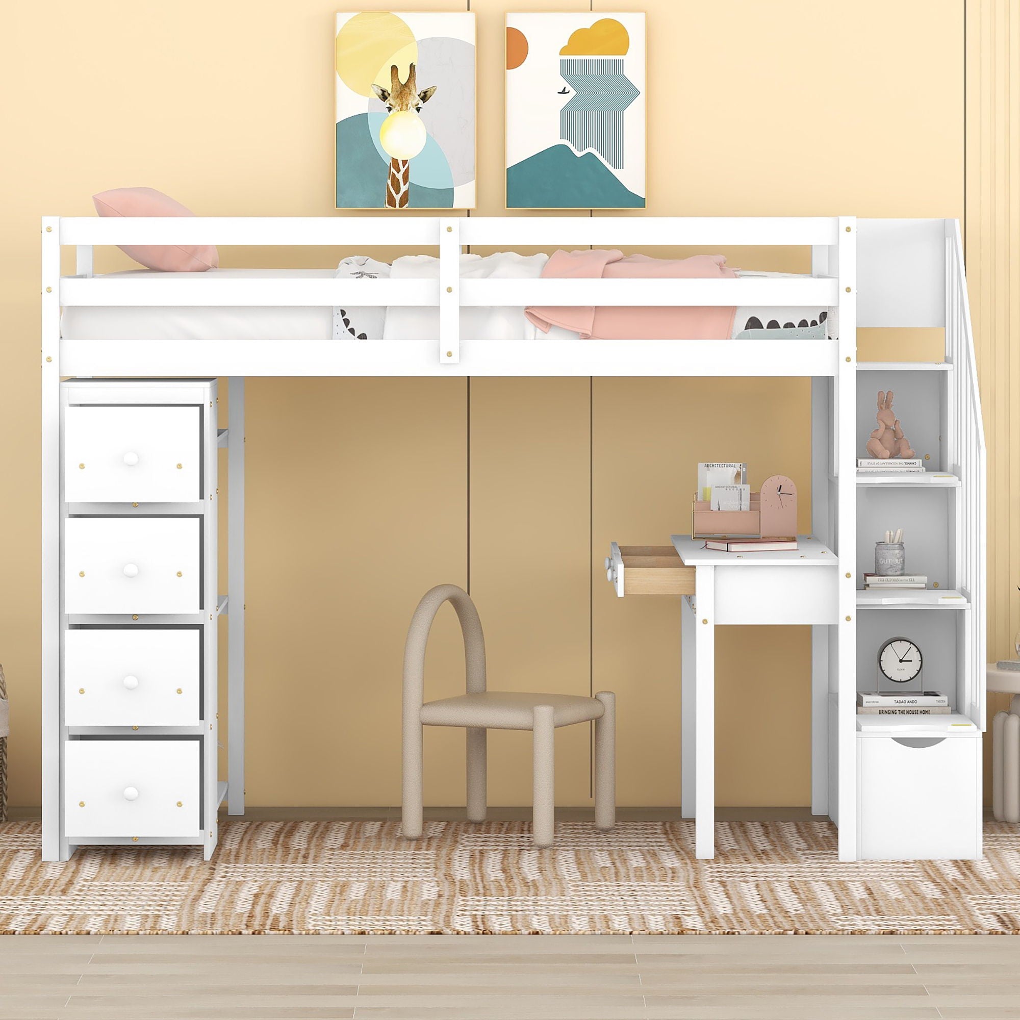 Loft Bed With Storage Drawers, Desk And Stairs With Shelves