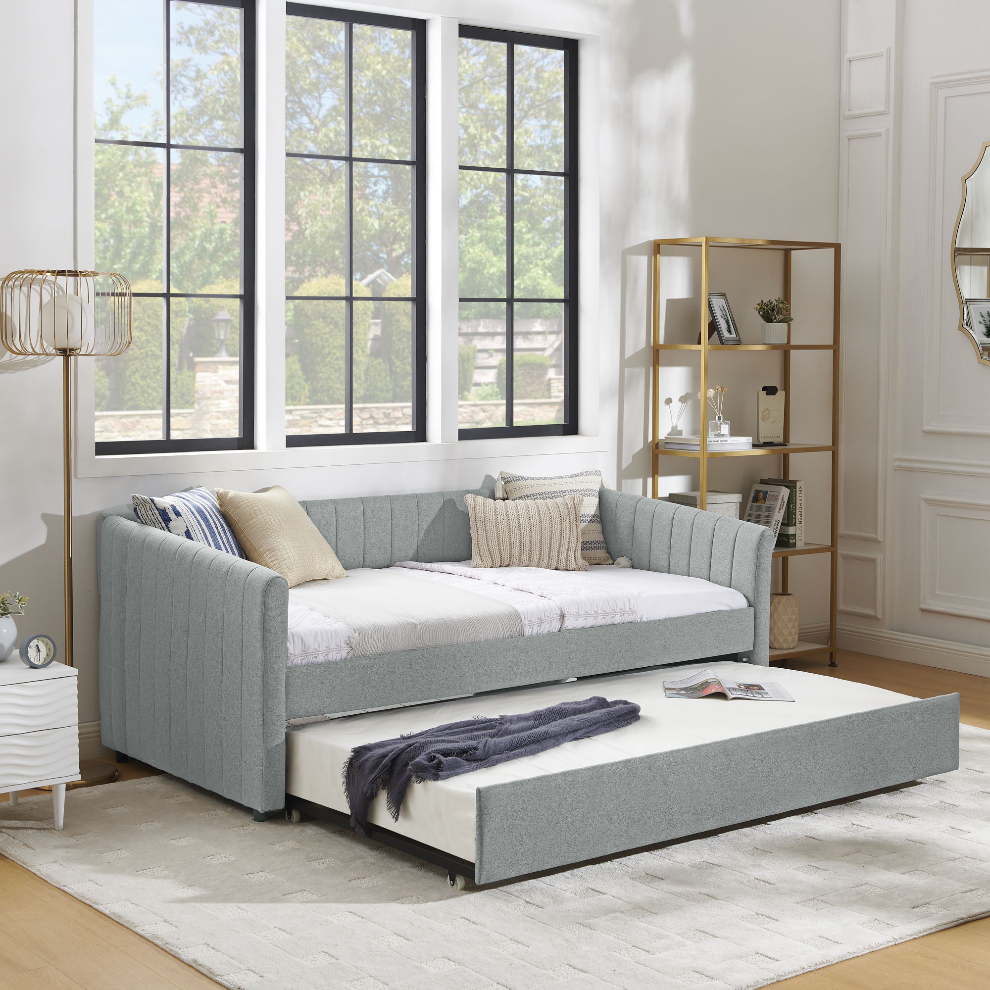 Upholstered Daybed With Trundle With Vertical Stripes
