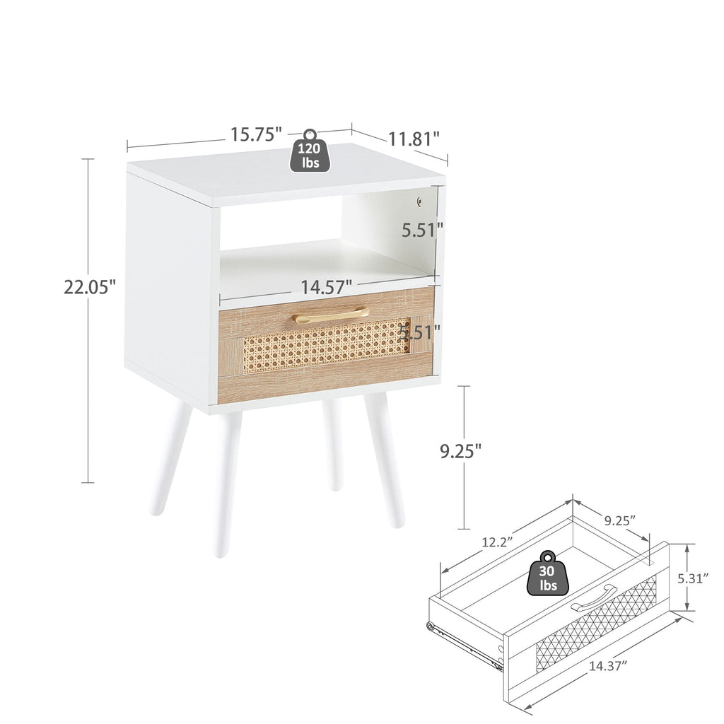 15.75" Rattan End Table With Drawer And Solid Wood Legs, Modern Nightstand, Side Table For Living Room, Bedroom