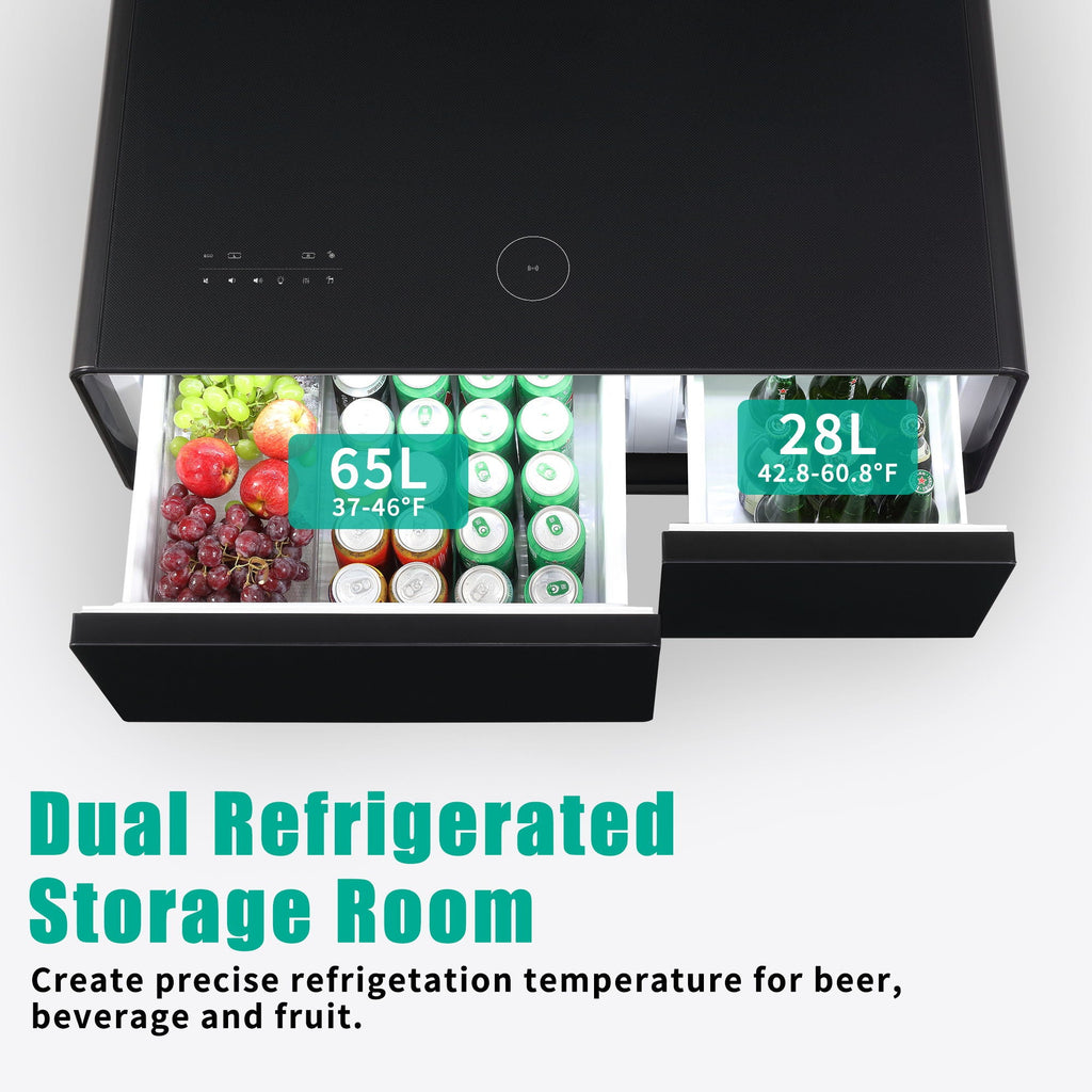 Modern Smart Coffee Table With Built-In Fridge - tooth Speaker, Wireless Charging, Touch Control Panel, USB Interface, Outlet Protection, Atmosphere Light