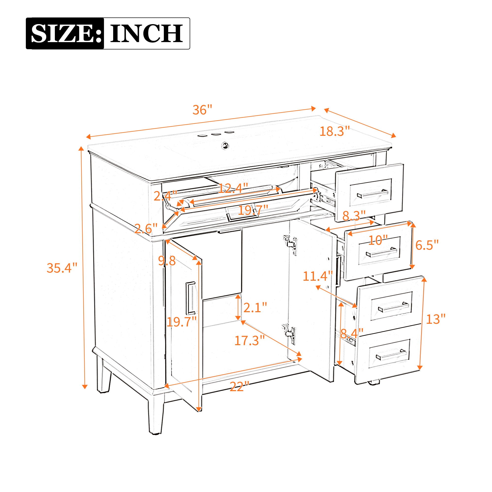 Bathroom Vanity With Ceramic Sink, Soft-Close Doors, 4 Storage Drawers - Blue