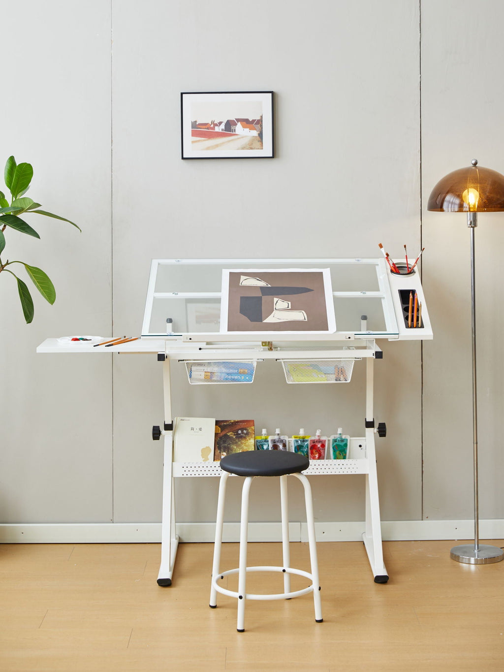 Adjustable Tempered Glass Drafting Printing Table With Chair