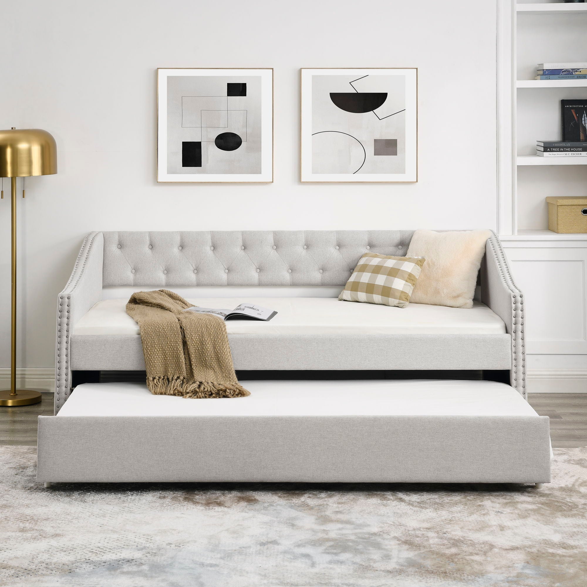 Upholstered Tufted Daybed With Drawers, Waved Arms