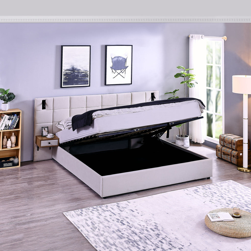 Upholstered Hydraulic Platform Bed With Storage Shelves, Reading Lamps, USB Port