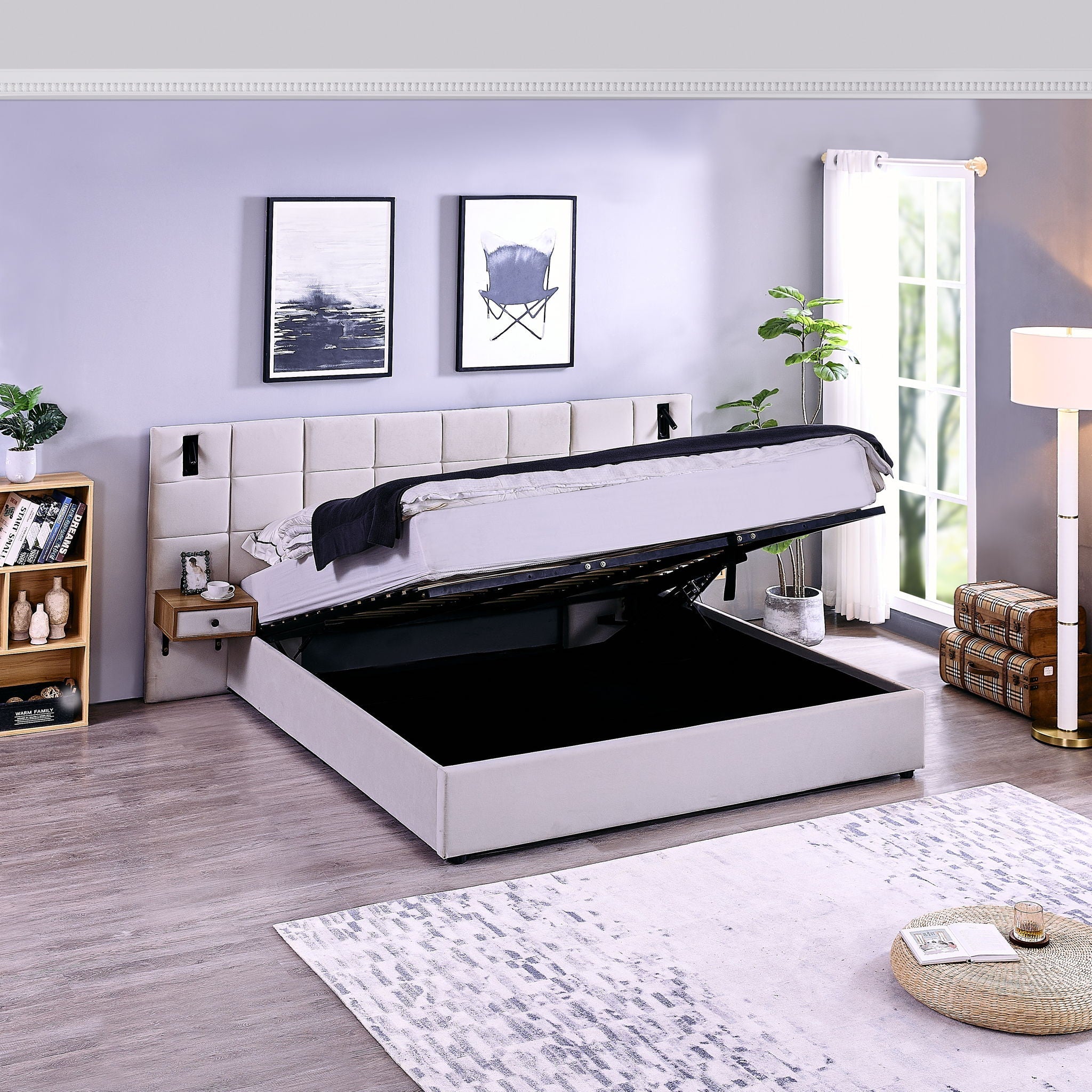 Upholstered Hydraulic Platform Bed With Storage Shelves, Reading Lamps, USB Port