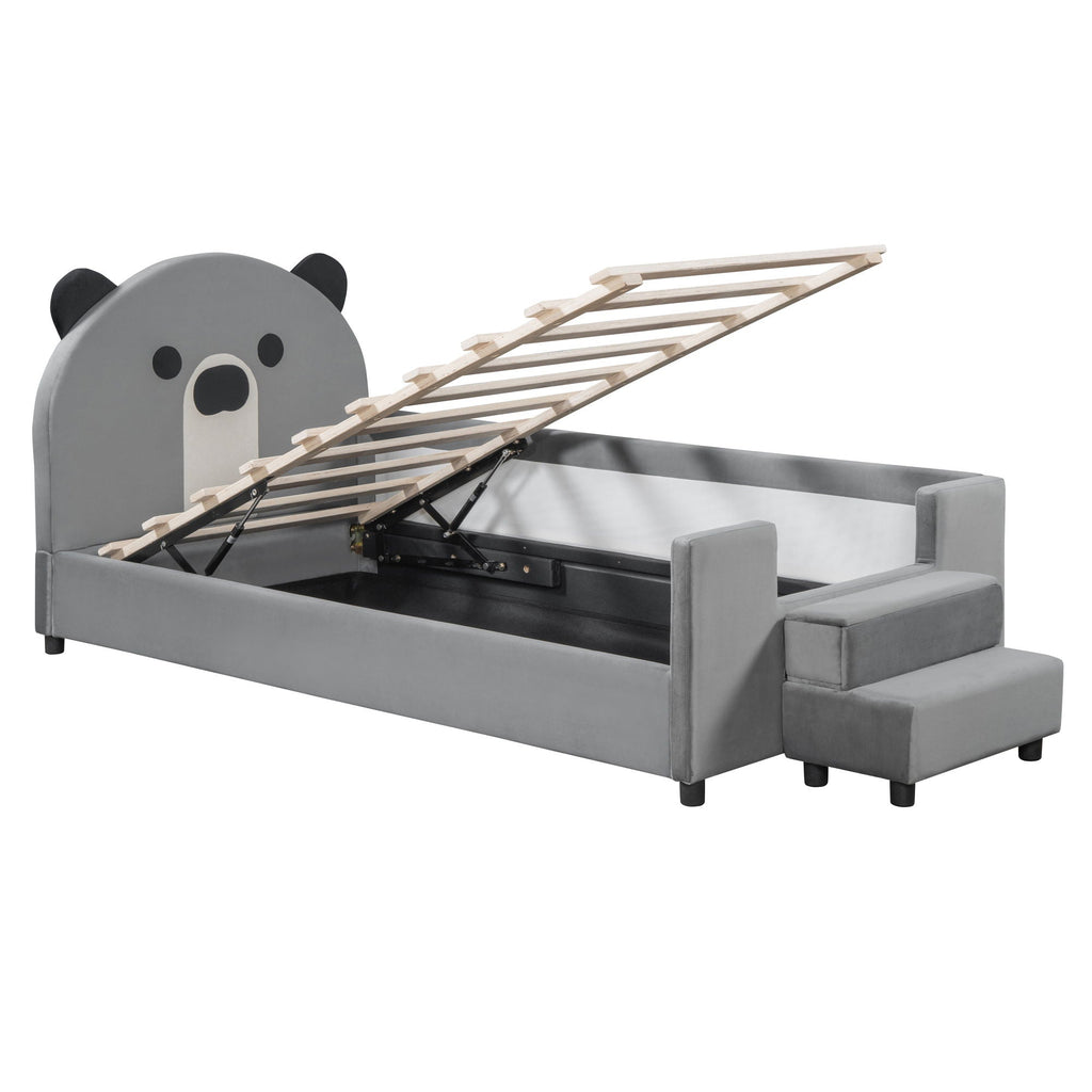 Upholstered Daybed With Bear Shaped Headboard, Hydraulic System And Breathable Fence