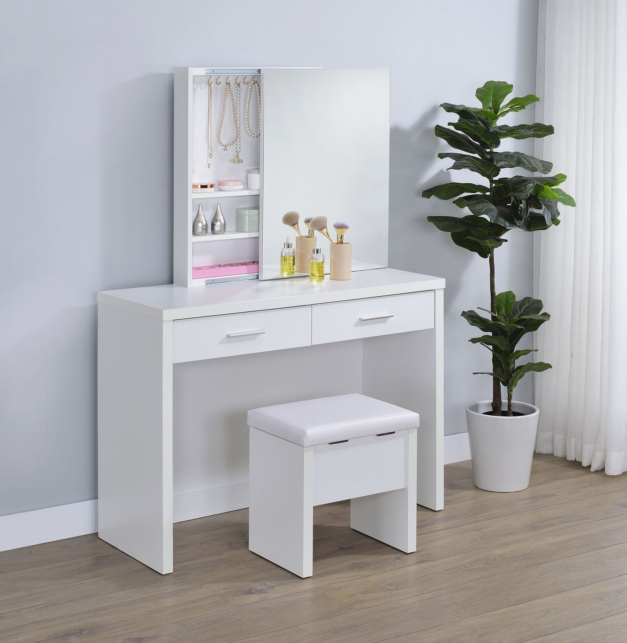 Bunbury Makeup Vanity Table Set Storage Mirror and Stool White