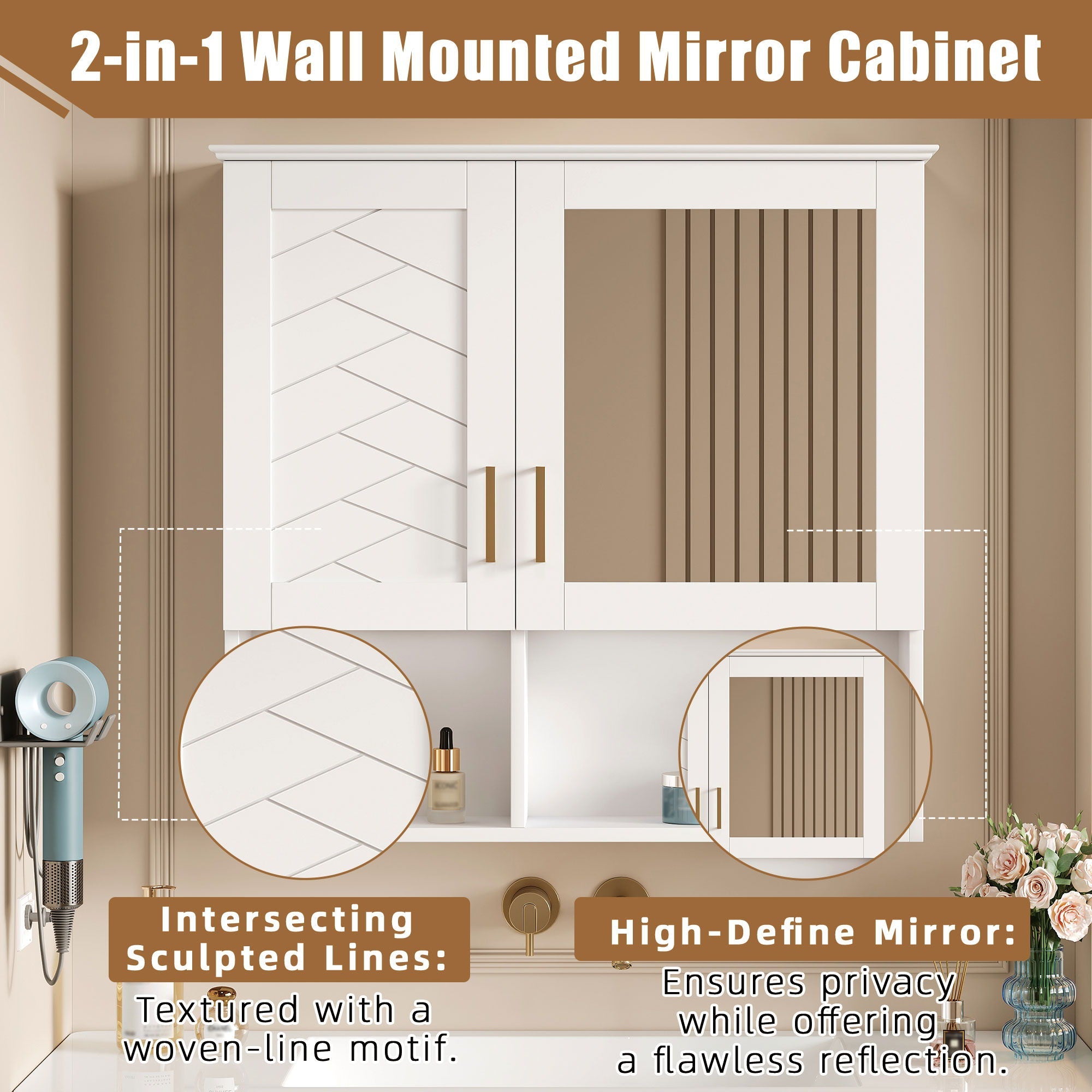 2 In 1 Wall-Mounted Mirror Cabinet With Adjustable Shelves, Soft-Close Doors, High-Definition Mirror & Storage