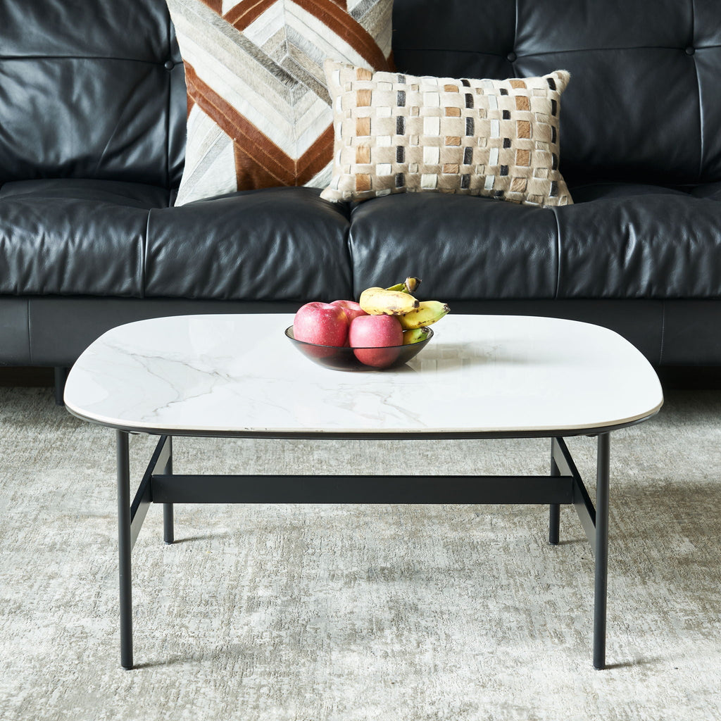 Modern Rectangular Rock Plate Coffee Table Open Space Design Golden Metal Frame Minimalist Living Room Center Table For Lounge Office - Black White