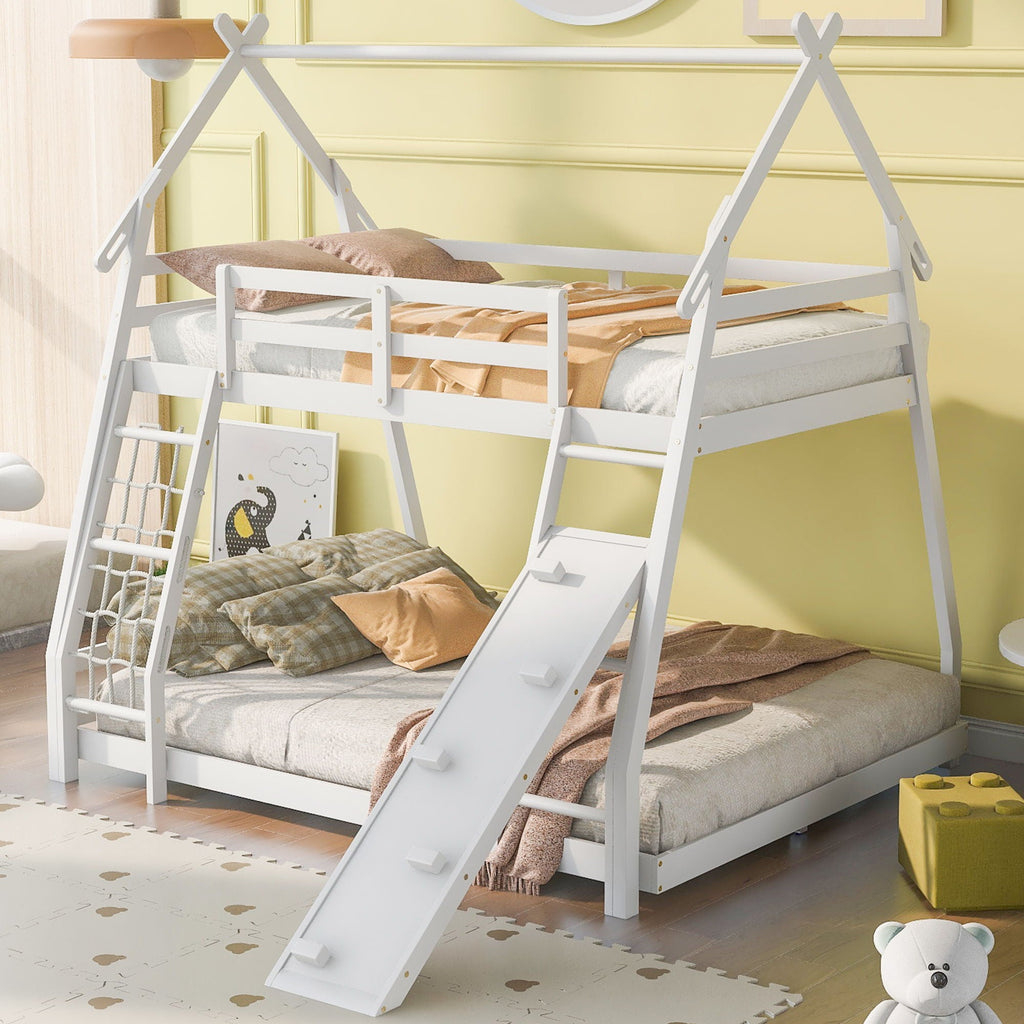 Georgiana - Twin Over Queen House Bunk Bed With Climbing Nets And Climbing Ramp