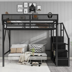 Queen Size Loft Bed With Stairs, Storage Shelves, Wardrobe - Black