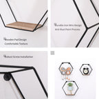 Wall Mounted Hexagonal Floating Shelves - Black (Set of 3) In Different Sizes, Modern Metal Wall Shelf, Simple Wood Partition Storage Shelves, Wall Decor Rack - Natural Wood