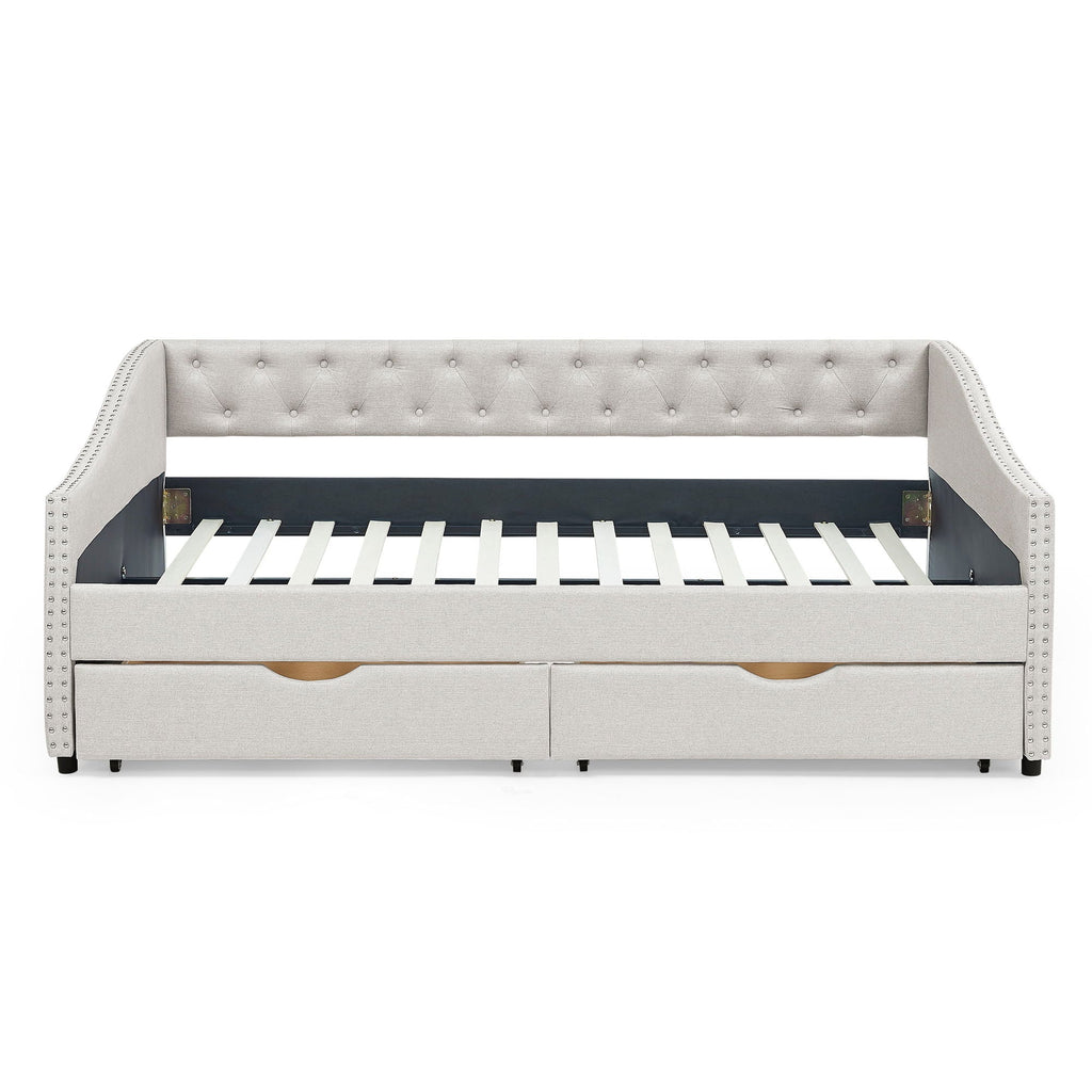 Upholstered Tufted Daybed With Drawers, Waved Arms