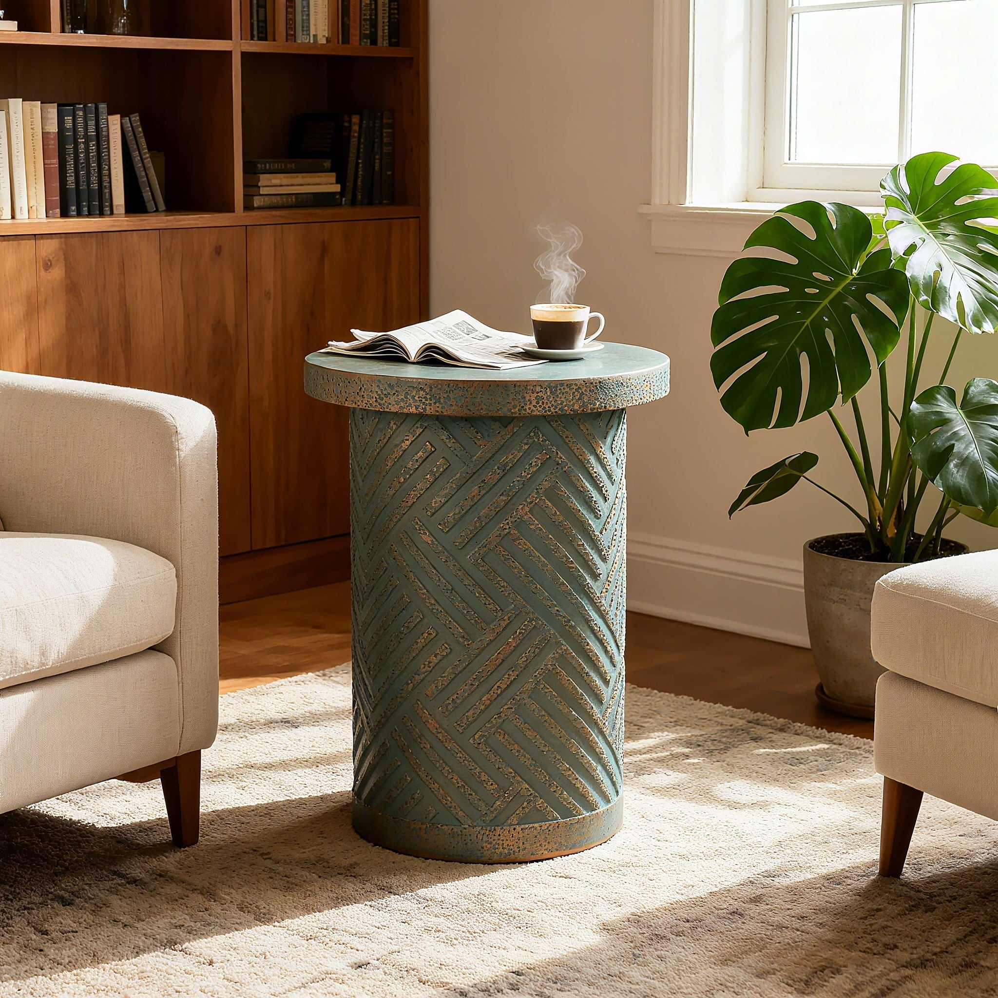 Round Outdoor End Table With Tree Stump Design For Patio - Golden / Green / Peacock