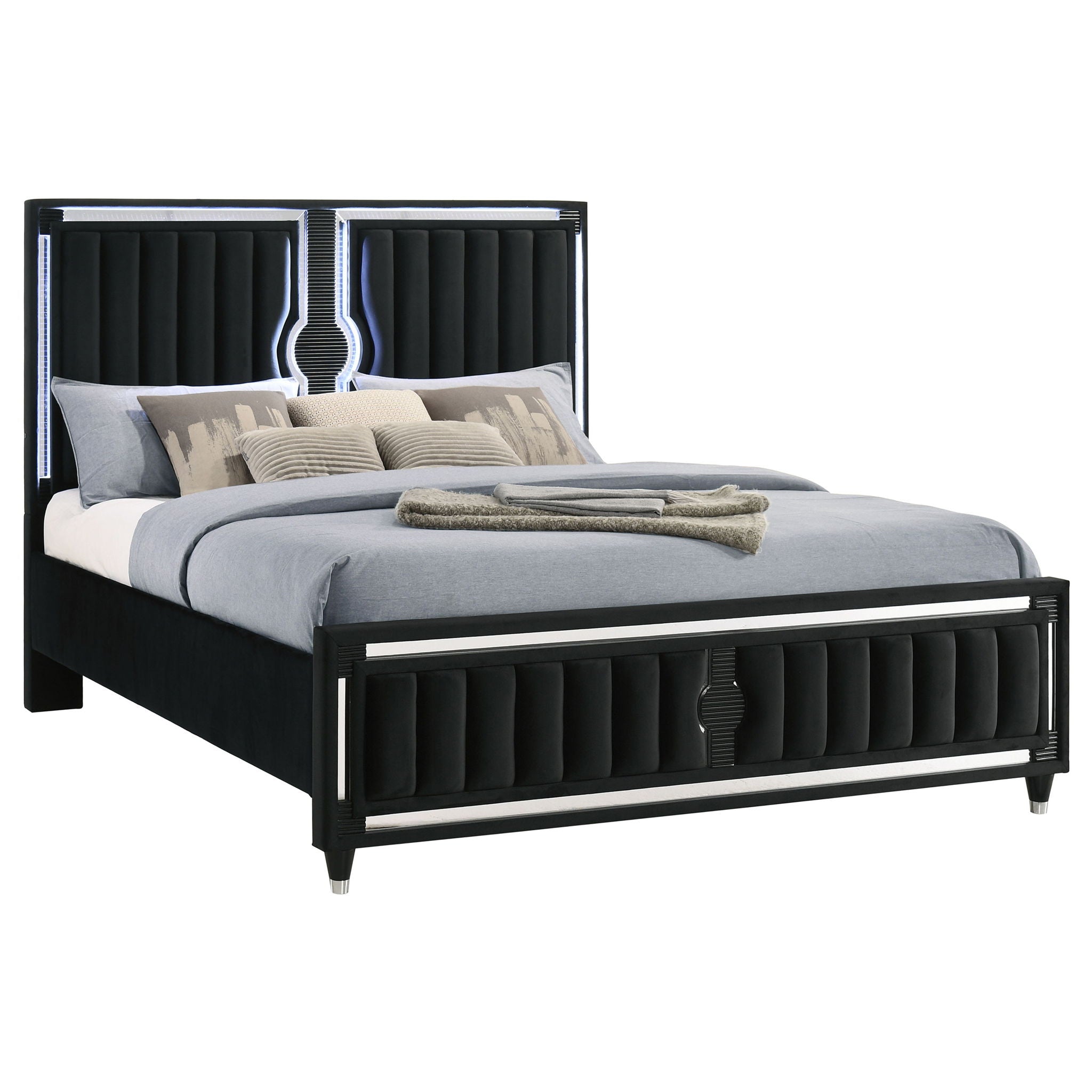 Ravenne Velvet Upholstered Eastern King LED Panel Bed Black