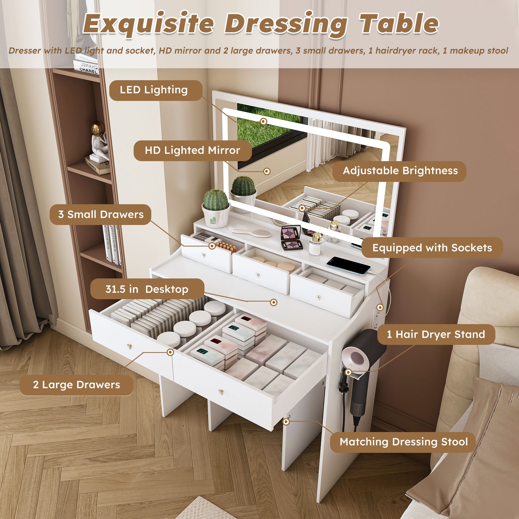 Modern Makeup Vanity Set With Power Outlet, Hair Dryer Holder, And Adjustable Lighting