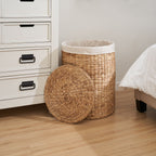 Round Tall Water Hyacinth Woven Wicker Laundry Hamper With Lid - For Clothes, Toys And Book Storage With Removable Liner - 15" X 15" X 20" - Natural Brown