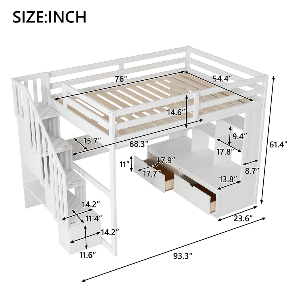Full Size Loft Bed With Desk And Shelves, 2 Built In Drawers, Storage Staircase - White