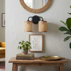 Quell - Double Light Vanity With Natural Shade Wall Lamp - Black / Rattan