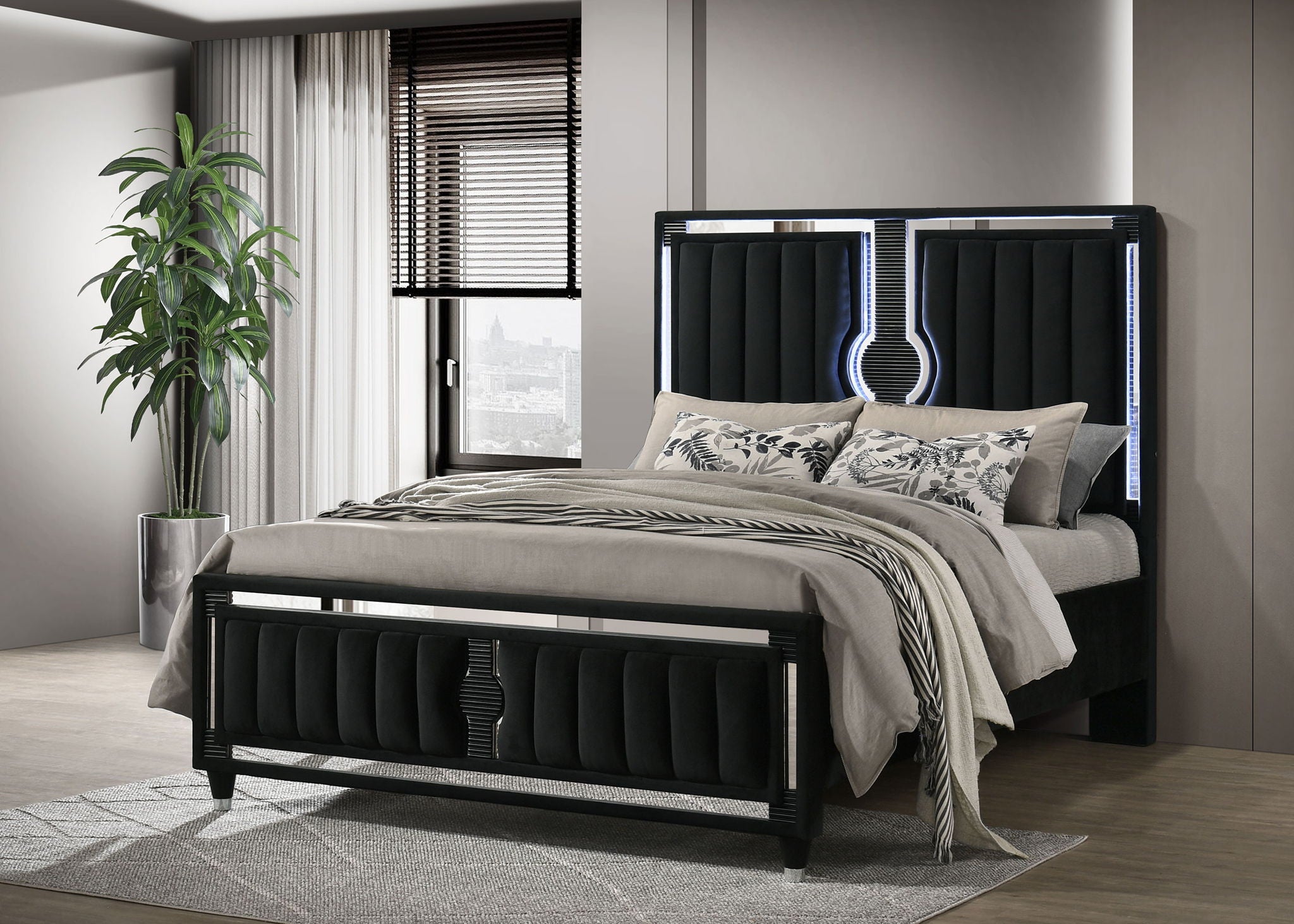 Ravenne Velvet Upholstered Queen LED Panel Bed Black