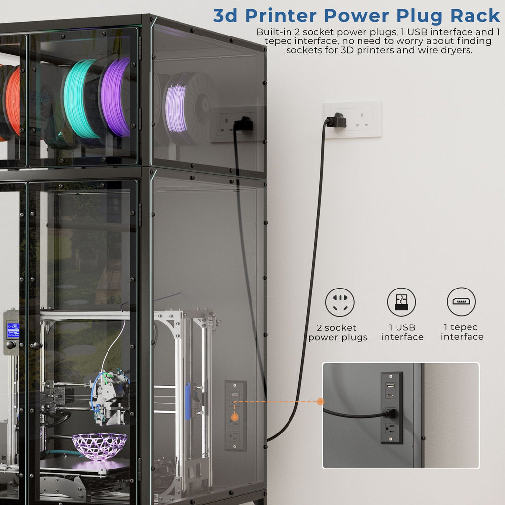3D Printer Cabinet With Double Layer Filament Storage, T-Shaped Filament Bar, Noise Reducing And Dust Proof Design - Black