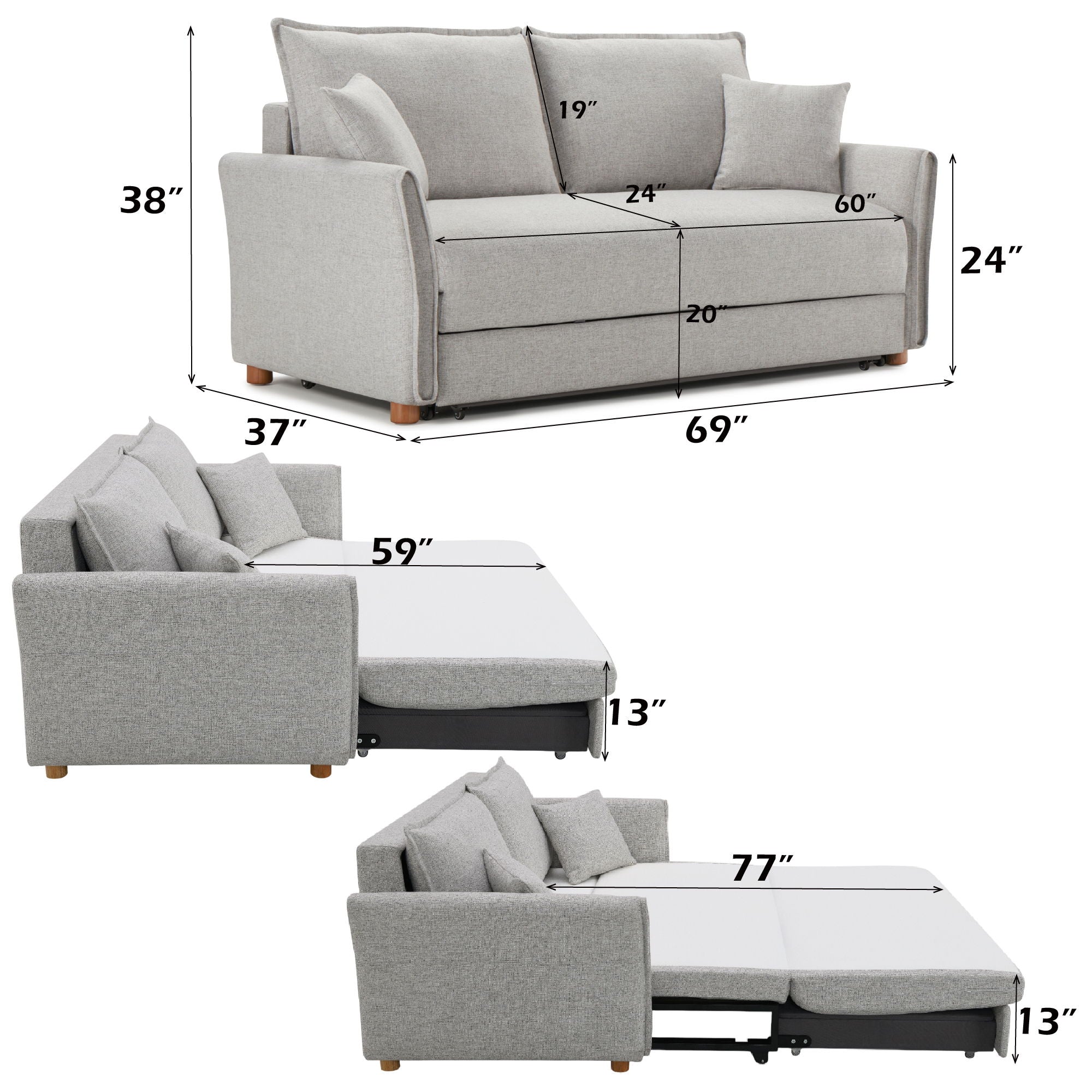 Oren - Chenille Sleeper Sectional Sofa With Storage 2 Toss Pillows - Gray