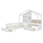 House Bed With Upholstered Sofa, Wireless Charging Station, Shelves And 2 Drawers