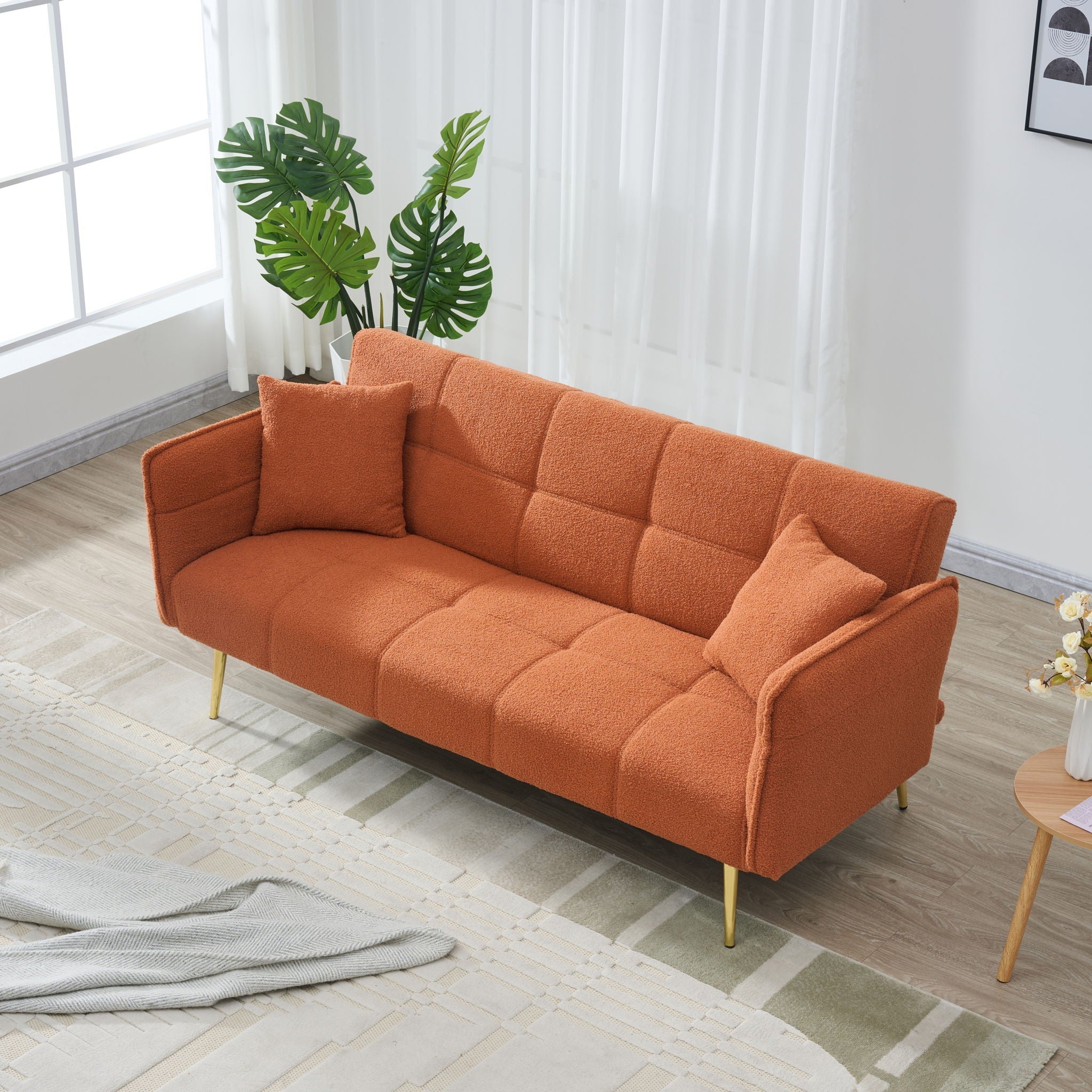 Convertible Double Futon Sofa Bed With Folding Armrests For Living Rooms