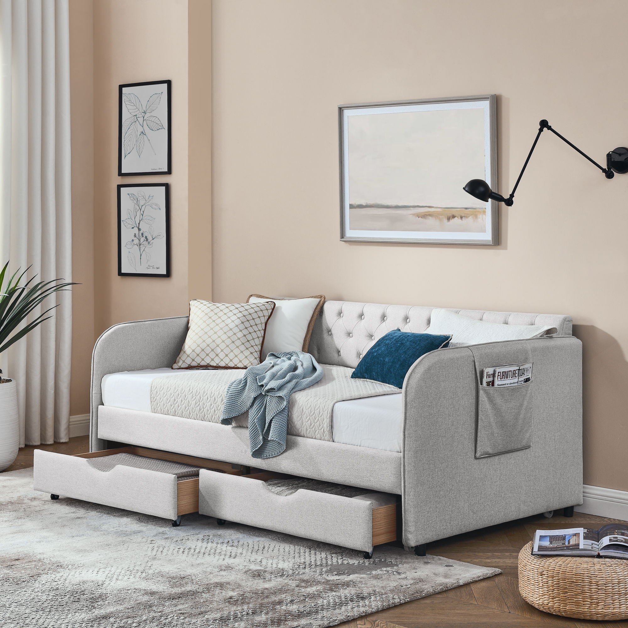 Daybed With Trundle And Storage Drawers, Flat Arms With Pocket