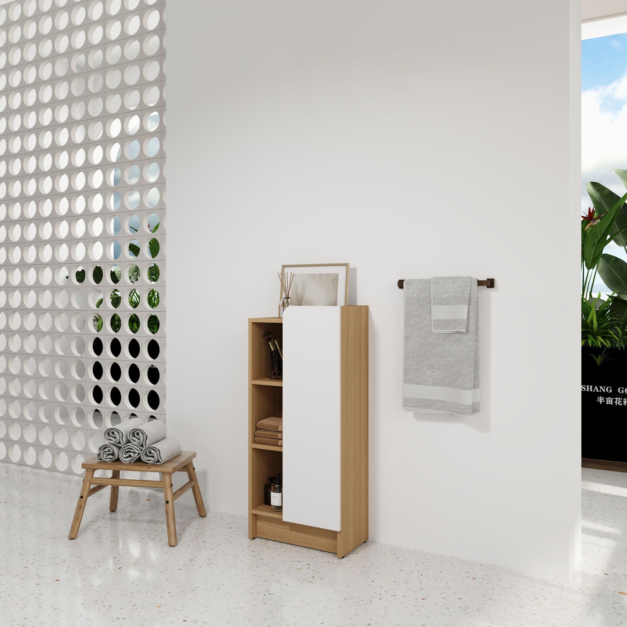 Freestanding Bathroom Side Cabinet, Narrow Storage Cabinet With Single Door & 3 Tier Open Shelves - Black / Light Oak / White
