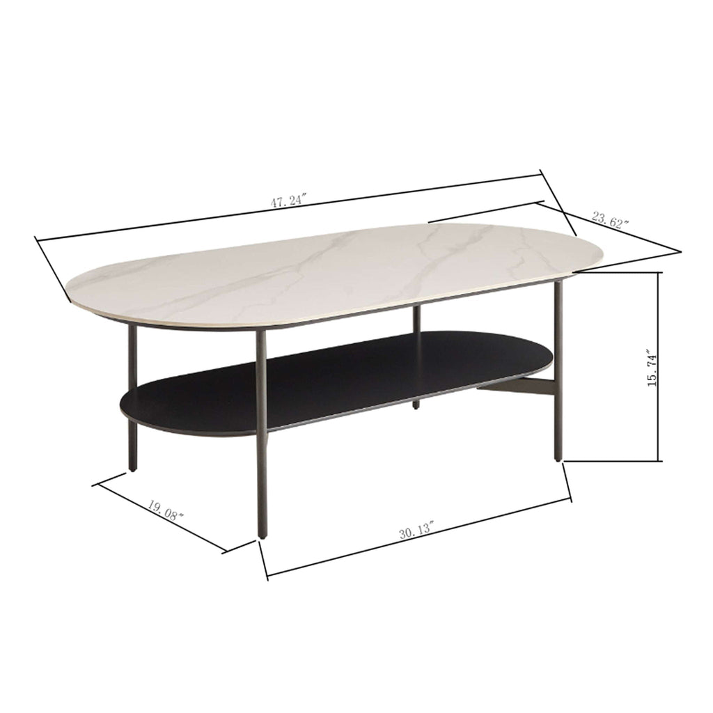 Contemporary Coffee Table Sintered Stone Surface With Ceramic Finish Double Layer Design Base Matte Shelf Modern Living Room Center Table - White / Gray