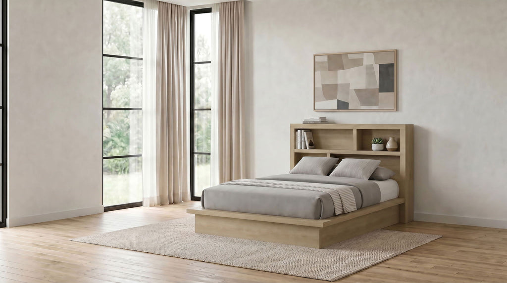 Hendricks Queen Bookcase Headboard Platform Bed Light Oak